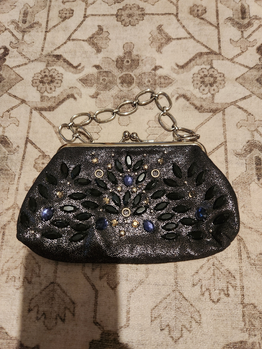 Rafe Black Jeweled Evening Clutch with Blue Accents